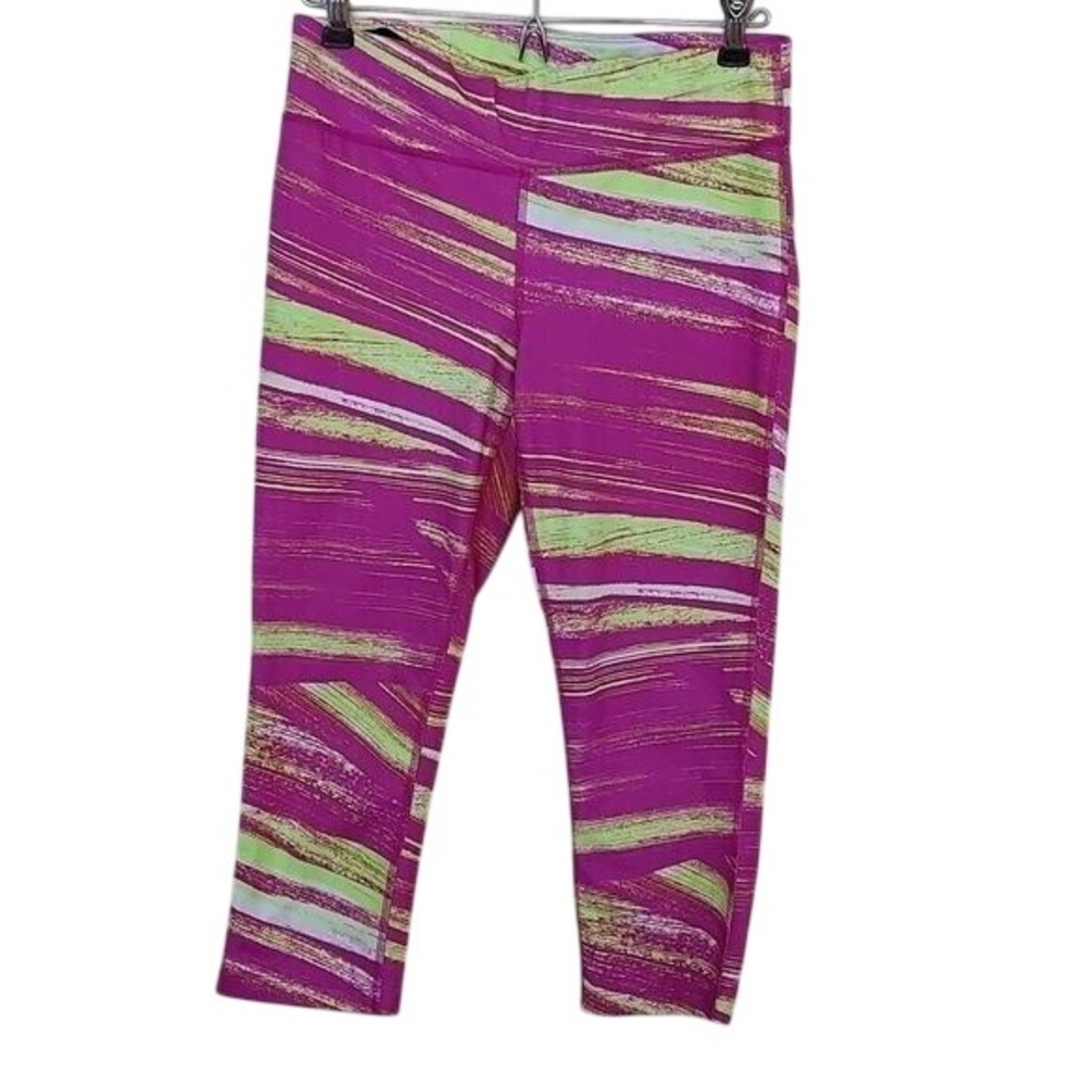Pink Lime Green Abstract Brushstroke Capri Leggings Yoga Workout Bold Neon Gym S